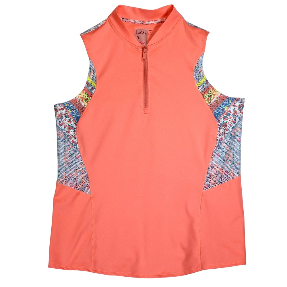 Lucky in Love Golf Top Women Small Coral Pink Mesh Quarter Zip Activewear Tennis
